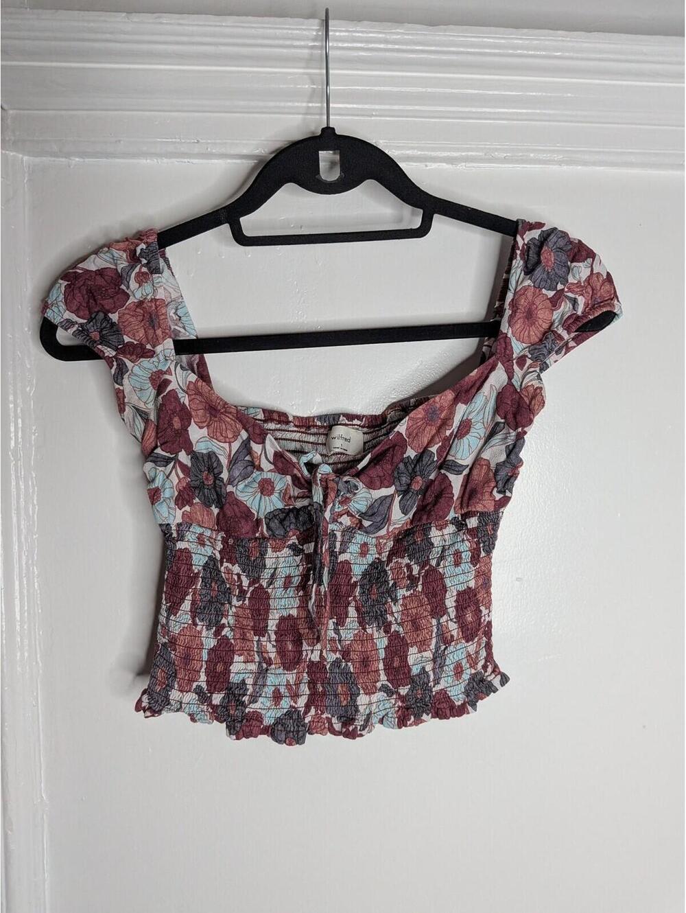 Wilfred Blouse Womens Small Multicolor Floral Smocked Crop Ruffle Tie Front Top